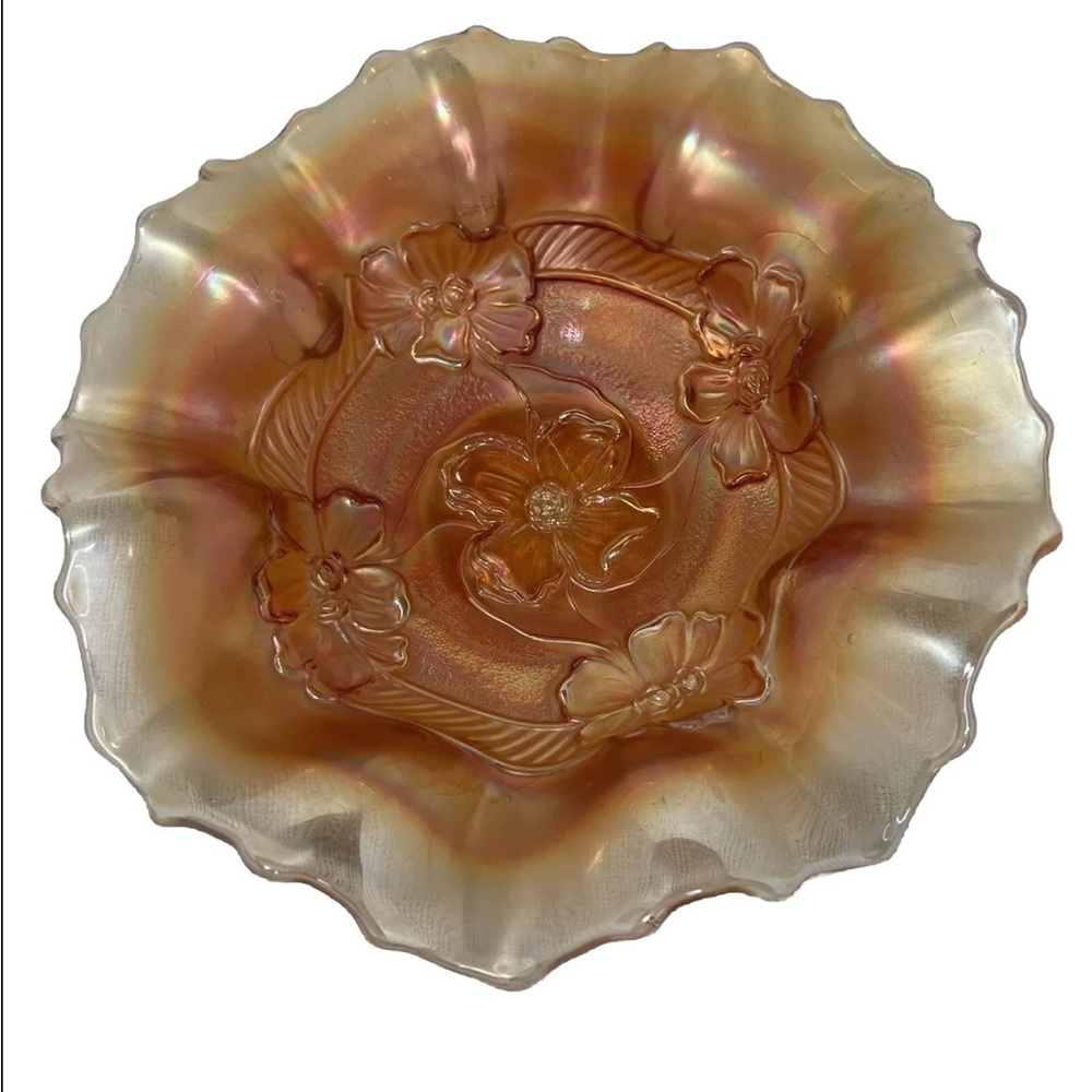 Vintage Carnival Glass Scalloped Candy Dish Bowl Peach Iris